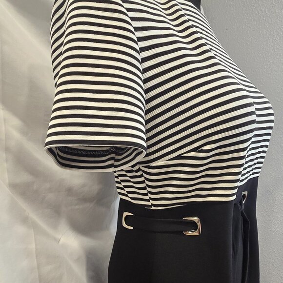 Vintage David Warren Dress Black & White Size 8 Strips Belt Zip - Picture 4 of 12